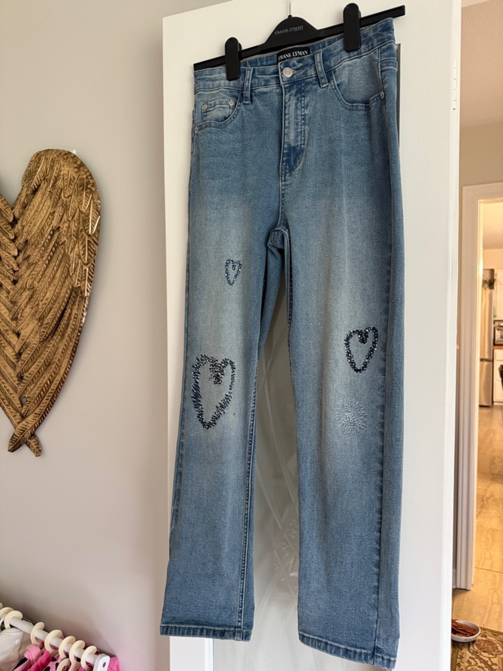 Frank Lyman Design Light Blue Denim Jeans with Beaded Heart Accents